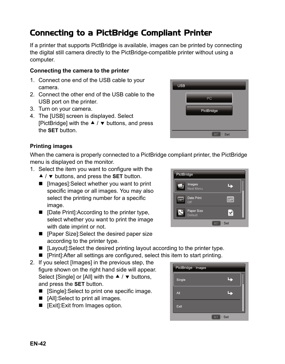 42 connecting to a pictbridge compliant, Printer, Connecting to a pictbridge compliant printer | Sanyo VPC-S1415 User Manual | Page 43 / 46
