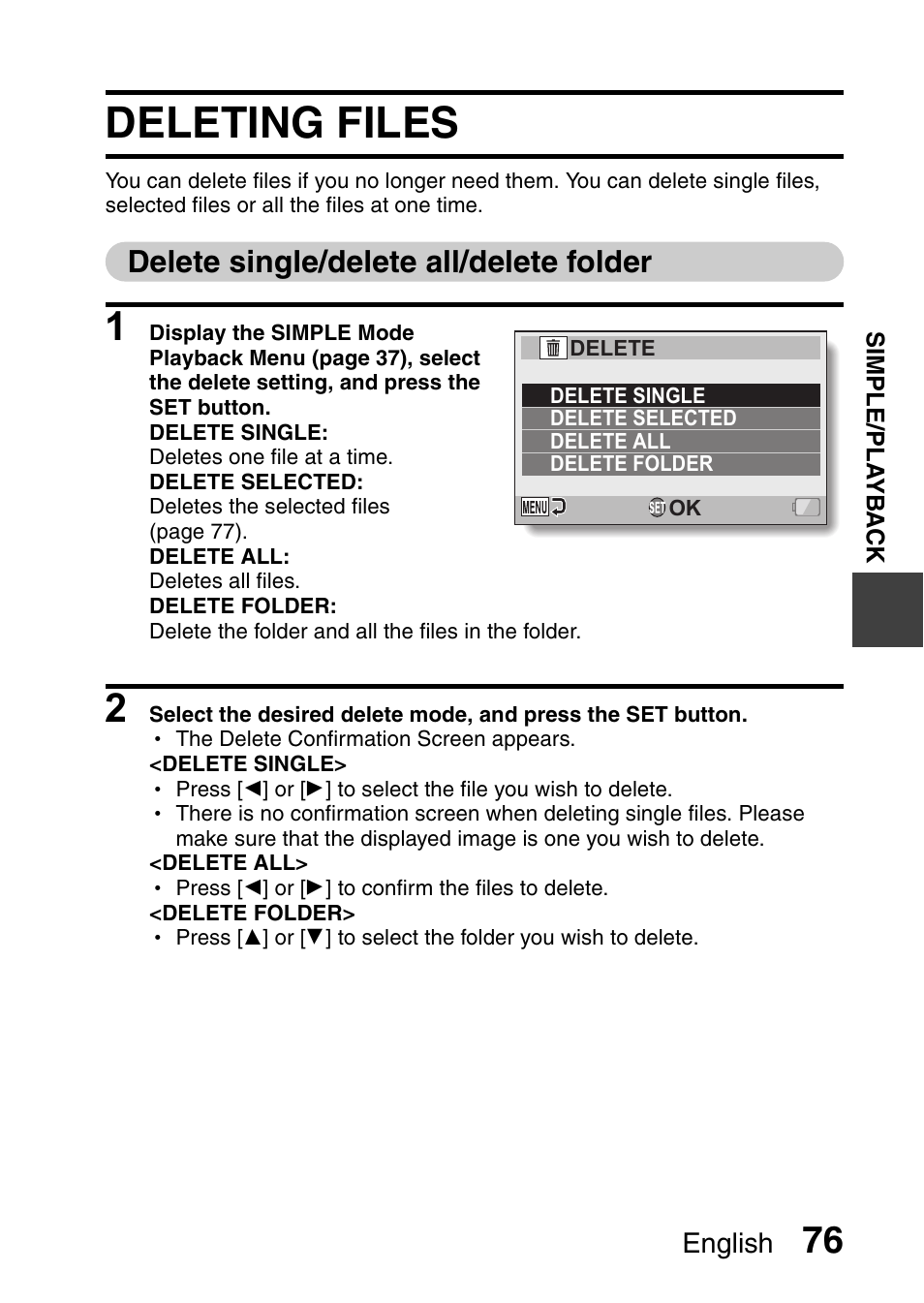 Deleting files, Delete single/delete all/delete folder, D 76 | Sanyo XACTI VPC-CA100EX User Manual | Page 101 / 202