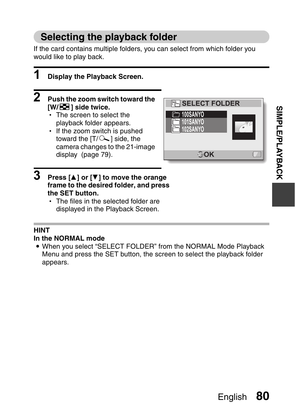 Selecting the playback folder, Selecting the playback, Folder | D 80, And 80, English | Sanyo XACTI VPC-CA100EX User Manual | Page 105 / 202