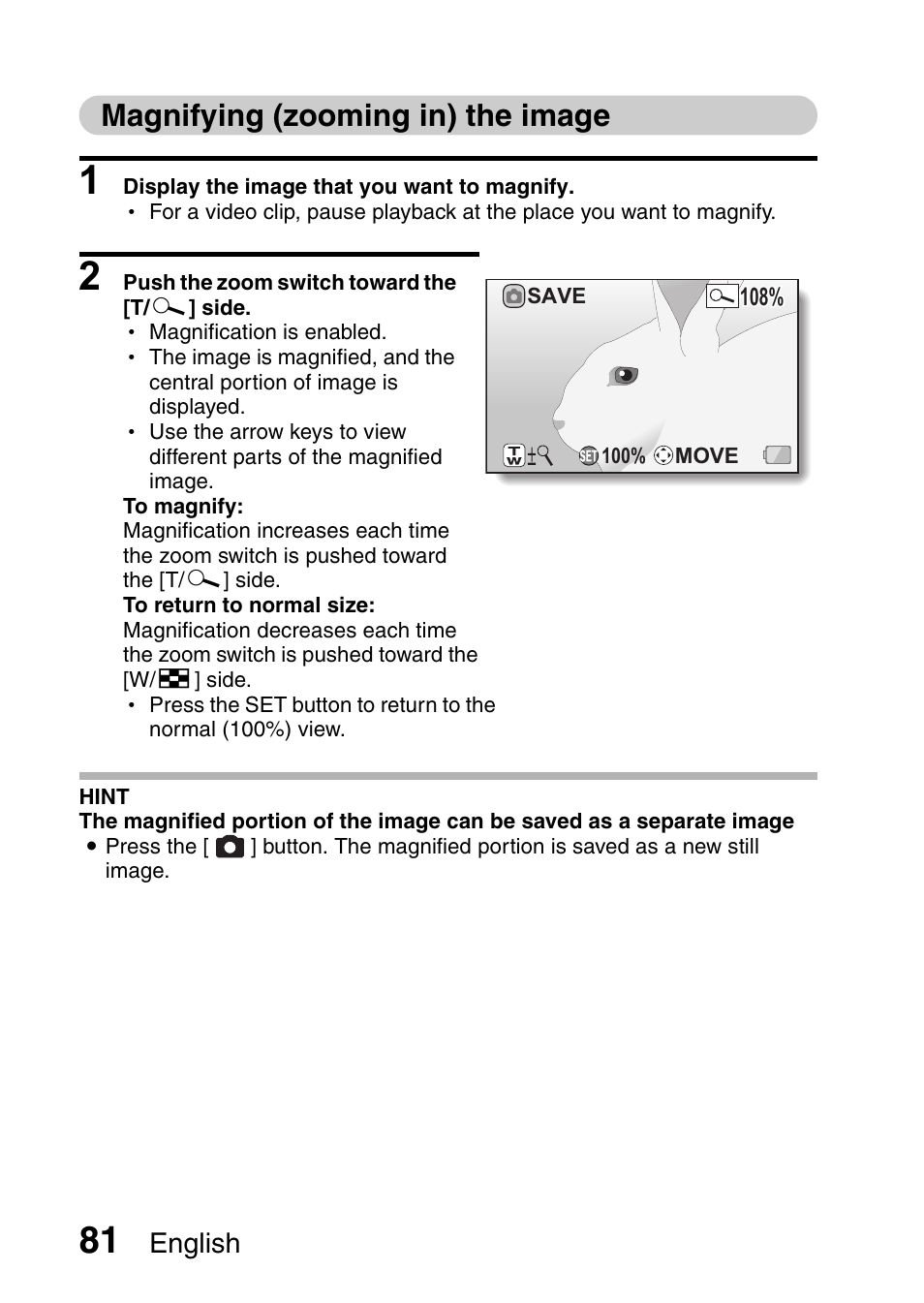 Magnifying (zooming in) the image, Magnifying (zooming in) | Sanyo XACTI VPC-CA100EX User Manual | Page 106 / 202