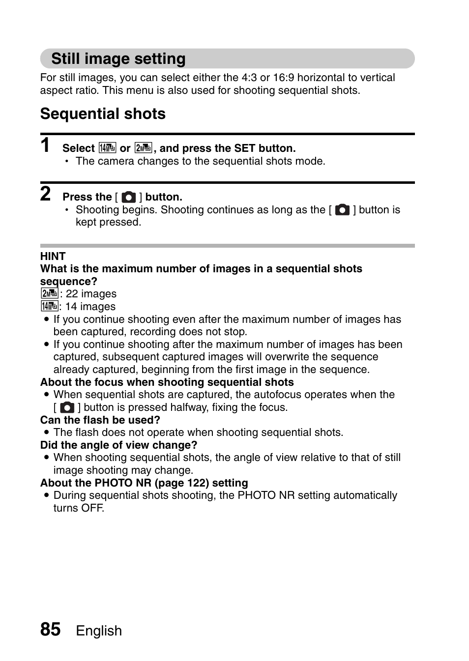 Still image setting, Sequential shots” on, And 85 | Sequential shots, English | Sanyo XACTI VPC-CA100EX User Manual | Page 110 / 202