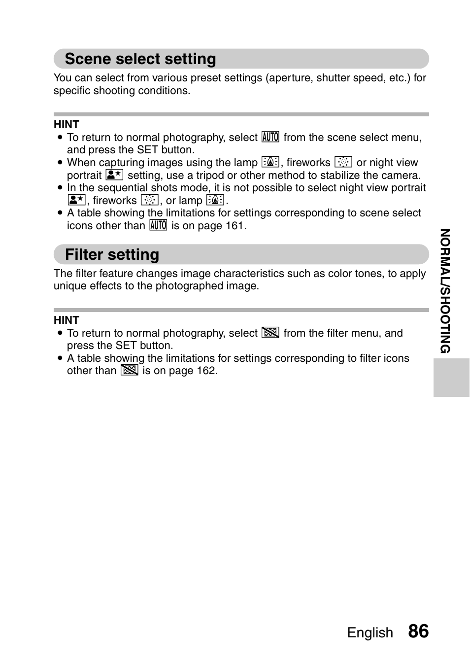 Scene select setting, Filter setting, Scene select setting filter setting | And 86, D 86, Scene select, 6) set, English | Sanyo XACTI VPC-CA100EX User Manual | Page 111 / 202
