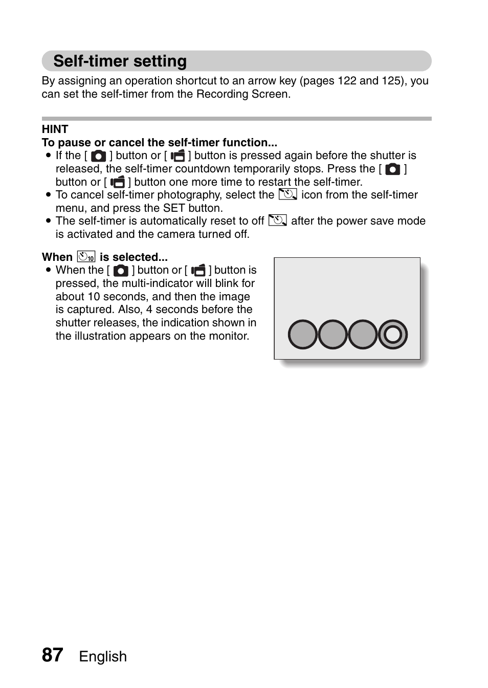 Self-timer setting, Self-timer setting” o, And 87 | English | Sanyo XACTI VPC-CA100EX User Manual | Page 112 / 202