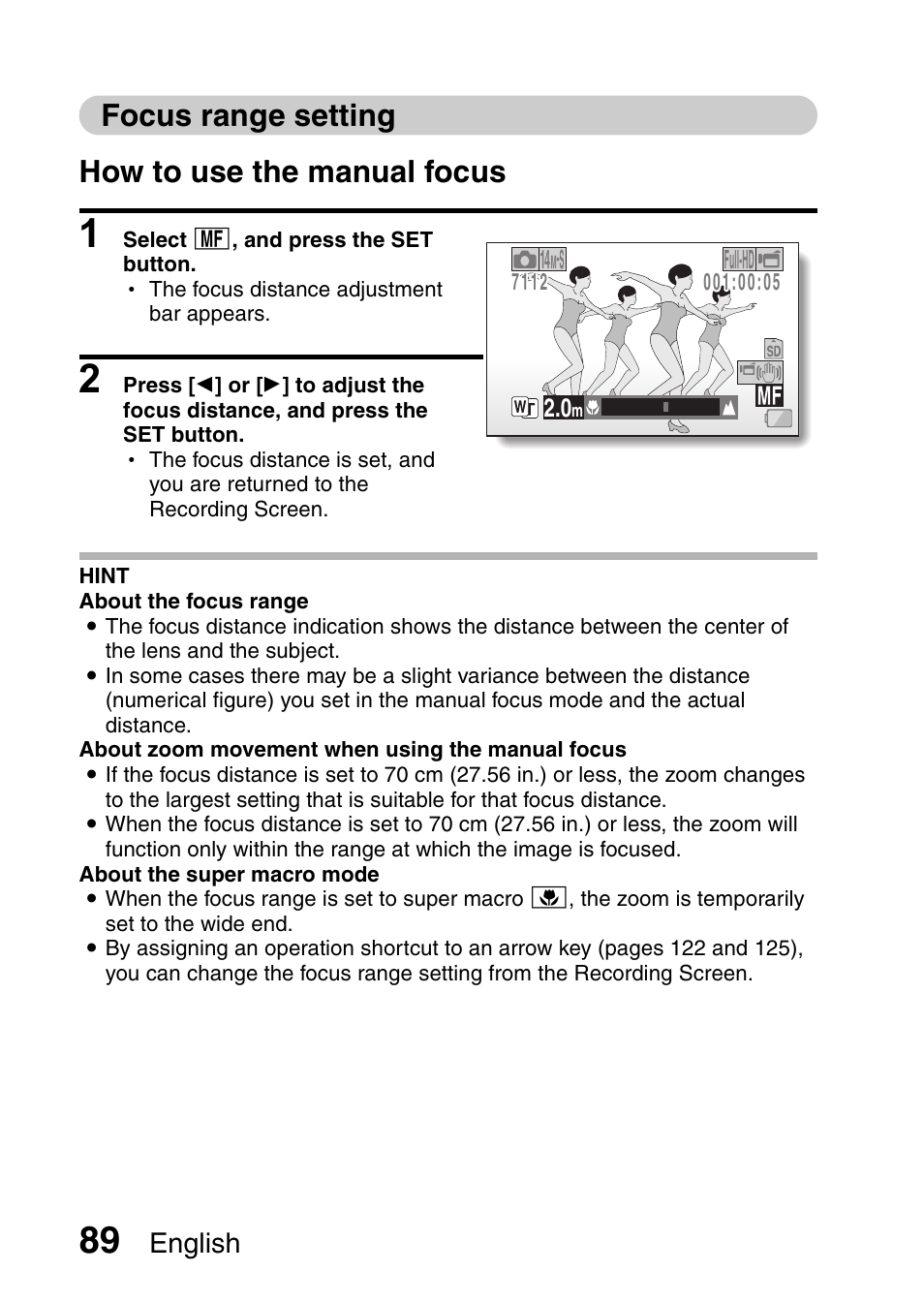 Focus range setting, How to use the manual, Focus” (man | Focus range setting how to use the manual focus, English | Sanyo XACTI VPC-CA100EX User Manual | Page 114 / 202