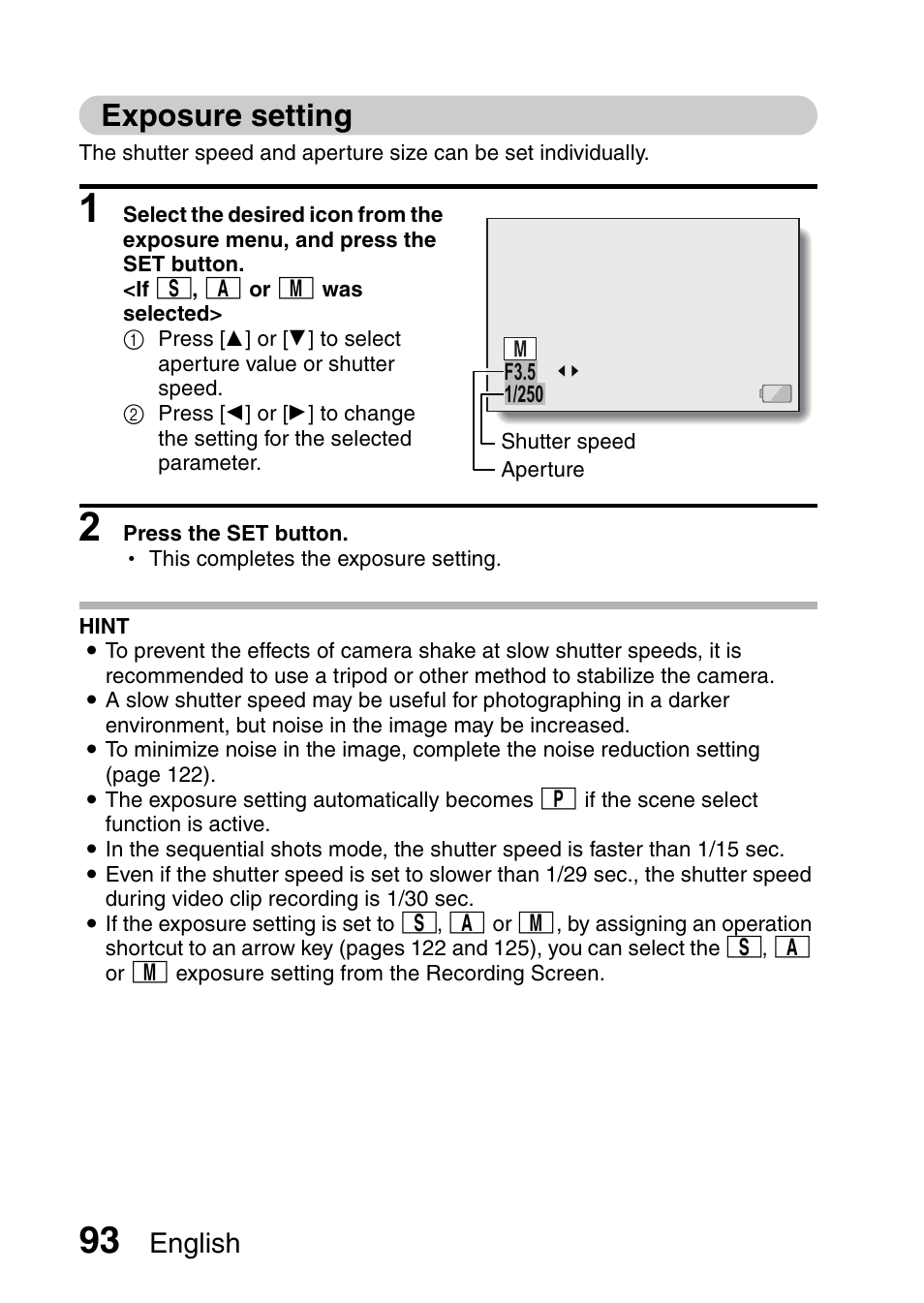 Exposure setting, D 93), English | Sanyo XACTI VPC-CA100EX User Manual | Page 118 / 202