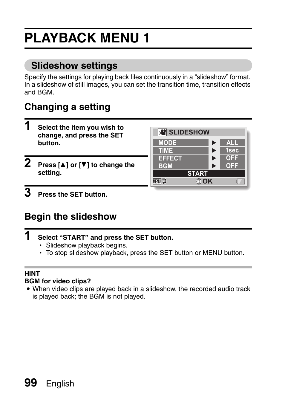 Playback, Playback menu 1, Slideshow settings | Changing a setting, Begin the slideshow | Sanyo XACTI VPC-CA100EX User Manual | Page 124 / 202