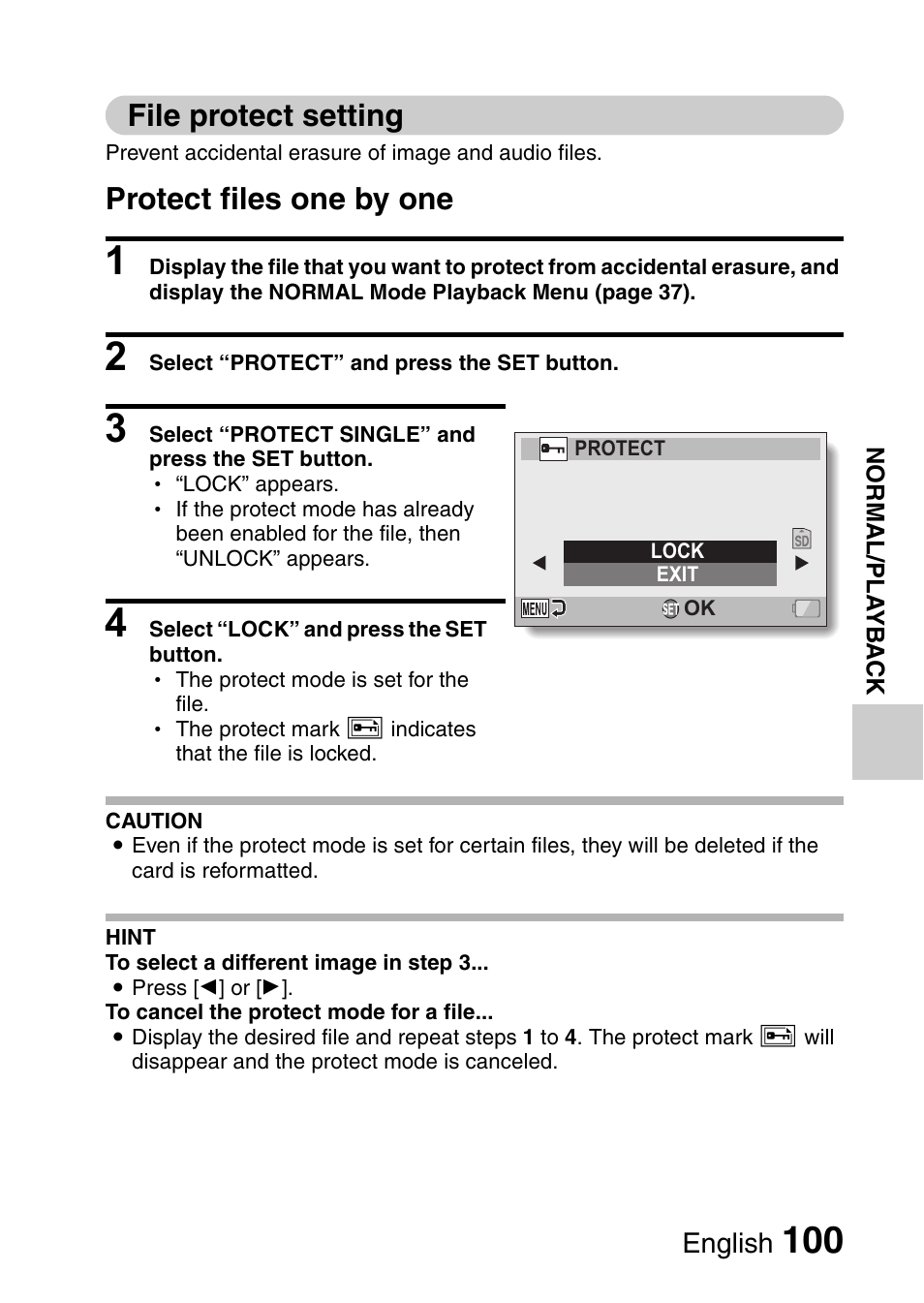 File protect setting, D 100, Protect files one by one | Sanyo XACTI VPC-CA100EX User Manual | Page 125 / 202