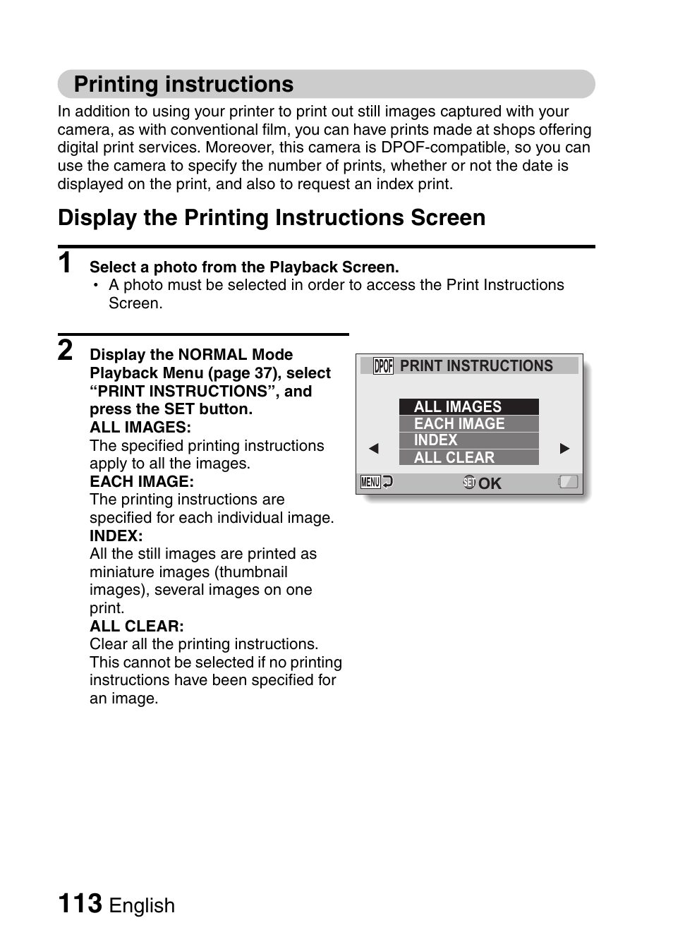 Printing instructions, And 113, Display the printing instructions screen | Sanyo XACTI VPC-CA100EX User Manual | Page 138 / 202