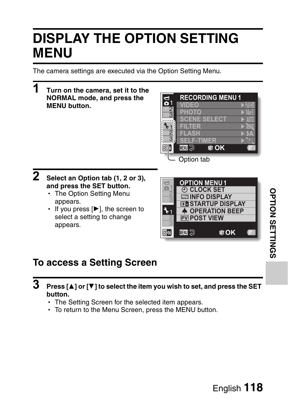 Option settings, Display the option setting menu, English | Sanyo XACTI VPC-CA100EX User Manual | Page 143 / 202