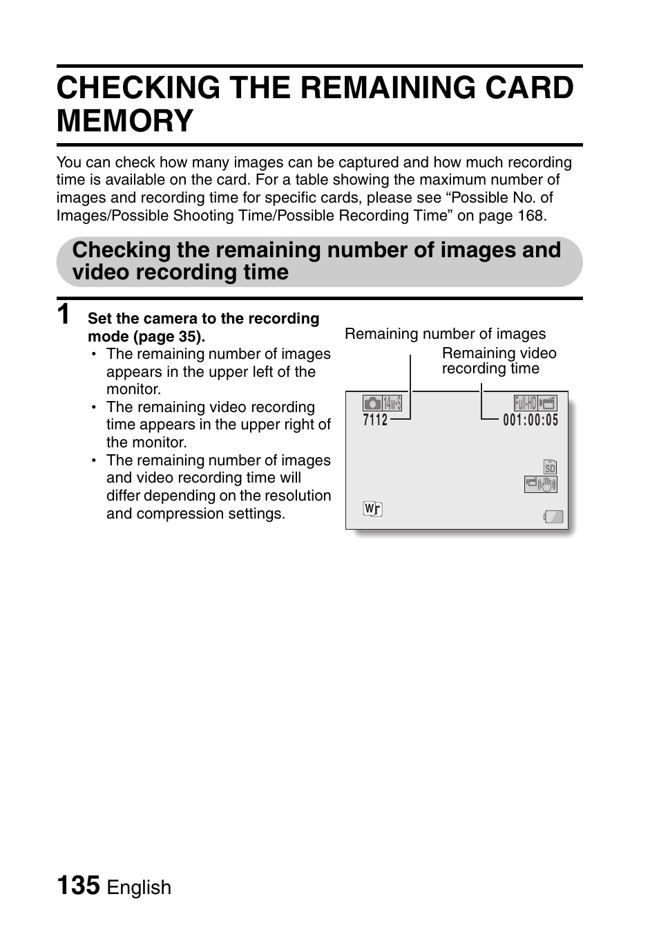 Checking the remaining card memory, Checking the remaining number of images and video, Recording time | Sanyo XACTI VPC-CA100EX User Manual | Page 160 / 202