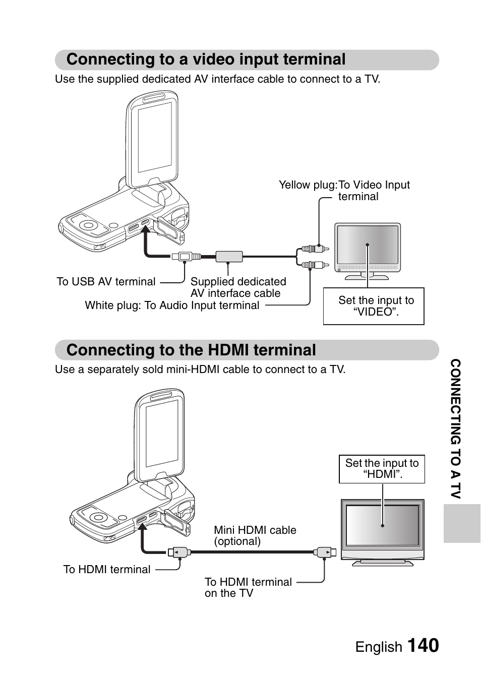 Connecting to a video input terminal, Connecting to the hdmi terminal, English | Sanyo XACTI VPC-CA100EX User Manual | Page 165 / 202