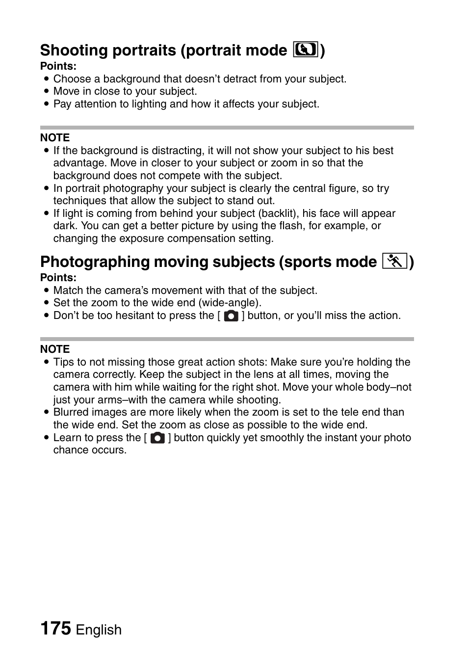 Shooting portraits (portrait mode > ), Photographing moving subjects (sports mode a ), English | Sanyo XACTI VPC-CA100EX User Manual | Page 200 / 202