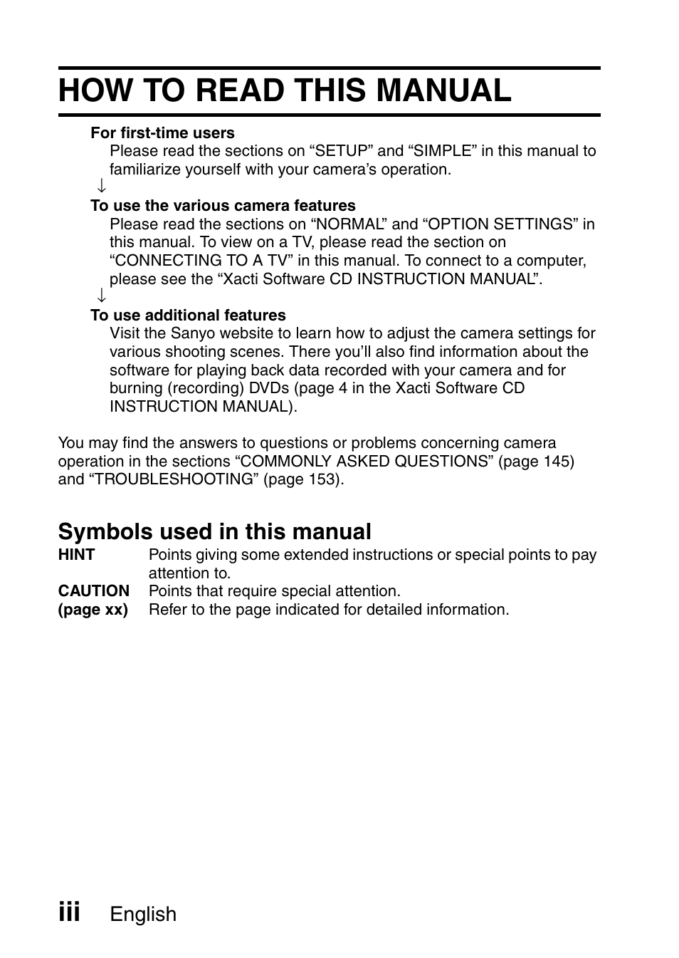 How to read this manual, Symbols used in this manual, English | Sanyo XACTI VPC-CA100EX User Manual | Page 4 / 202