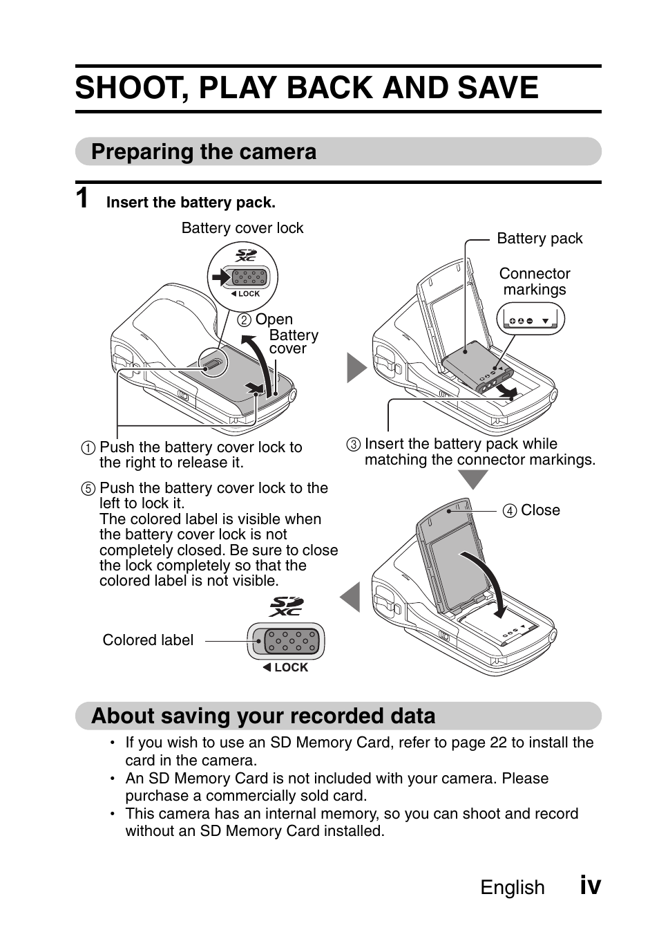 Shoot, play back and save, Preparing the camera, About saving your recorded data | English | Sanyo XACTI VPC-CA100EX User Manual | Page 5 / 202