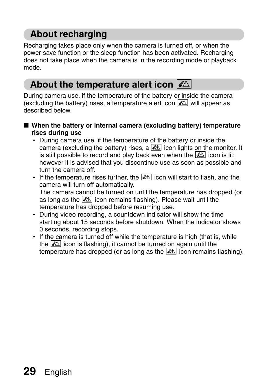 About recharging, About the temperature alert icon, About recharging about the temperature alert icon | English | Sanyo XACTI VPC-CA100EX User Manual | Page 54 / 202