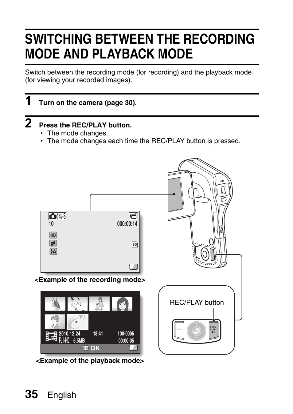 Switching between the recording mode, And playback mode, English | Sanyo XACTI VPC-CA100EX User Manual | Page 60 / 202