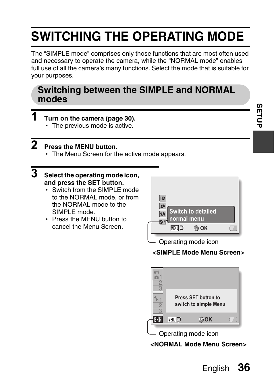 Switching the operating mode, Switching between the simple and normal modes, English | Sanyo XACTI VPC-CA100EX User Manual | Page 61 / 202
