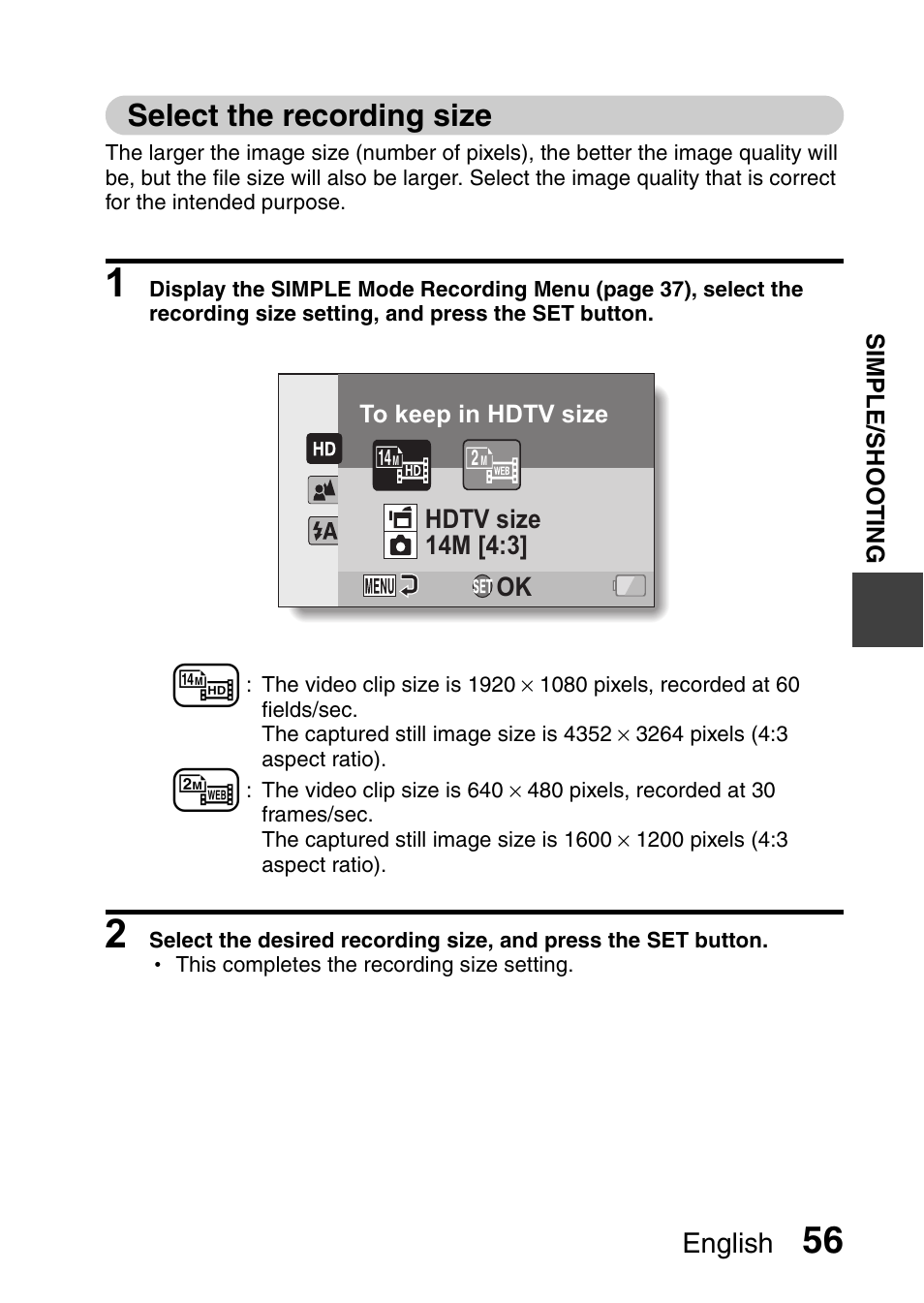 Select the recording size, Select the recording, Size” on pag | Sanyo XACTI VPC-CA100EX User Manual | Page 81 / 202