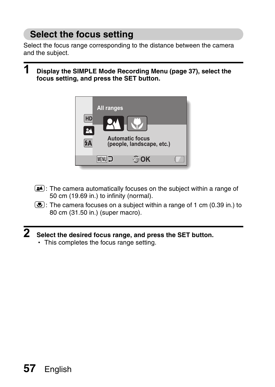 Select the focus setting | Sanyo XACTI VPC-CA100EX User Manual | Page 82 / 202