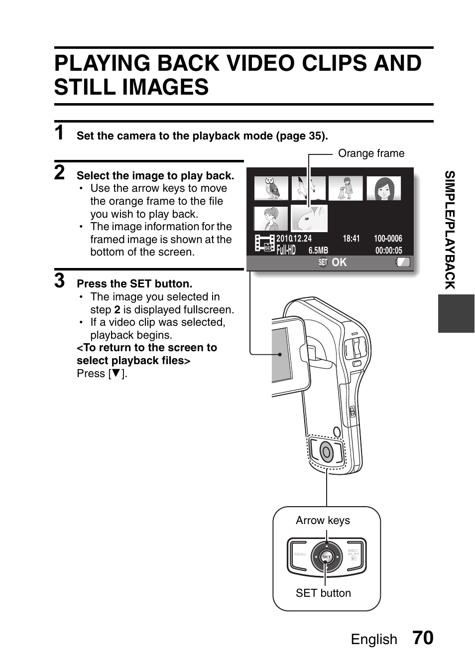 Playback, Playing back video clips and still images, Playing back video | English | Sanyo XACTI VPC-CA100EX User Manual | Page 95 / 202