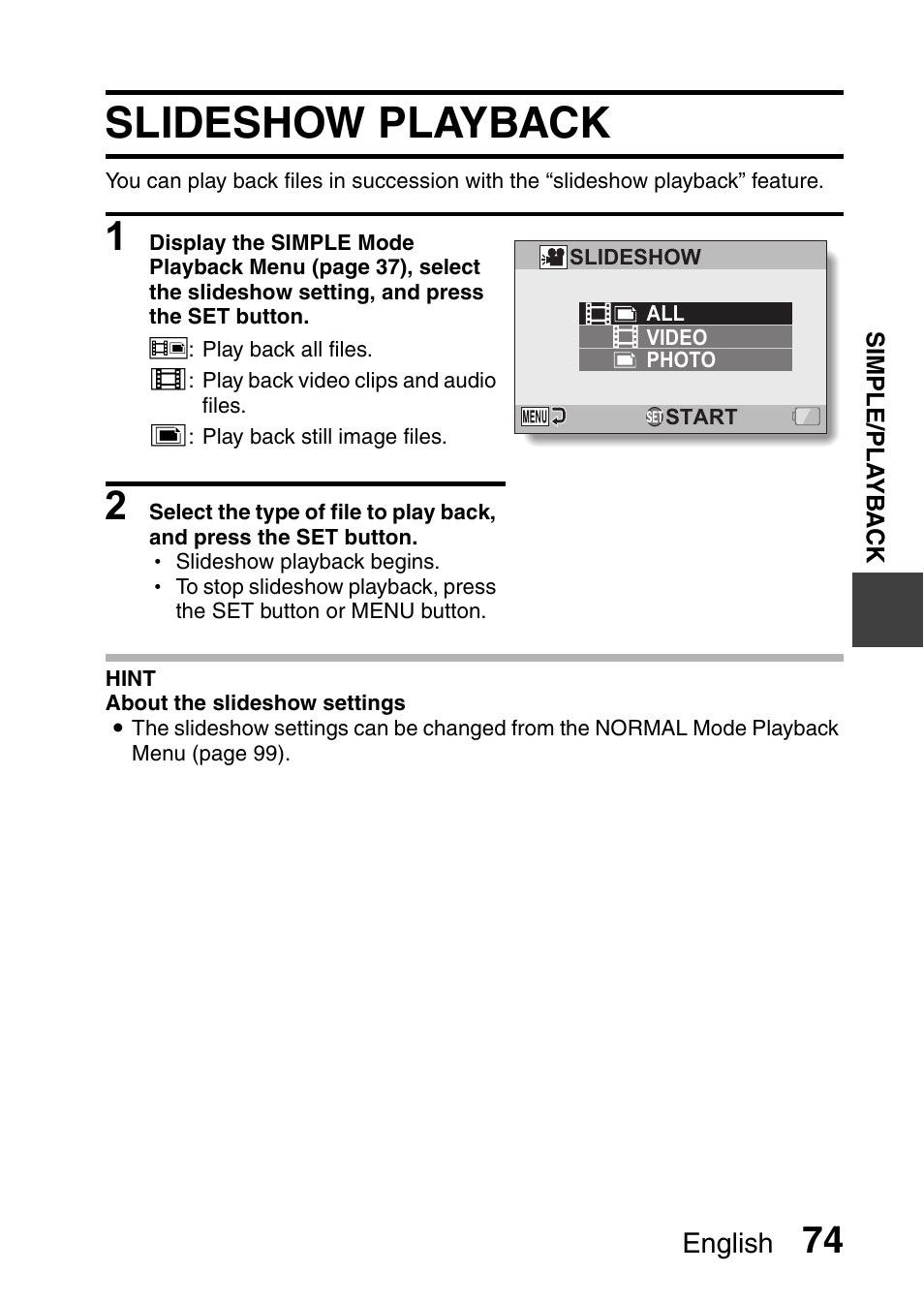 Slideshow playback | Sanyo XACTI VPC-CA100EX User Manual | Page 99 / 202