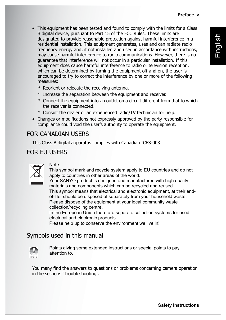 For canadian users, For eu users, Symbols used in this manual | English, For eu users symbols used in this manual | Sanyo Xacti VPC-E760 User Manual | Page 11 / 62