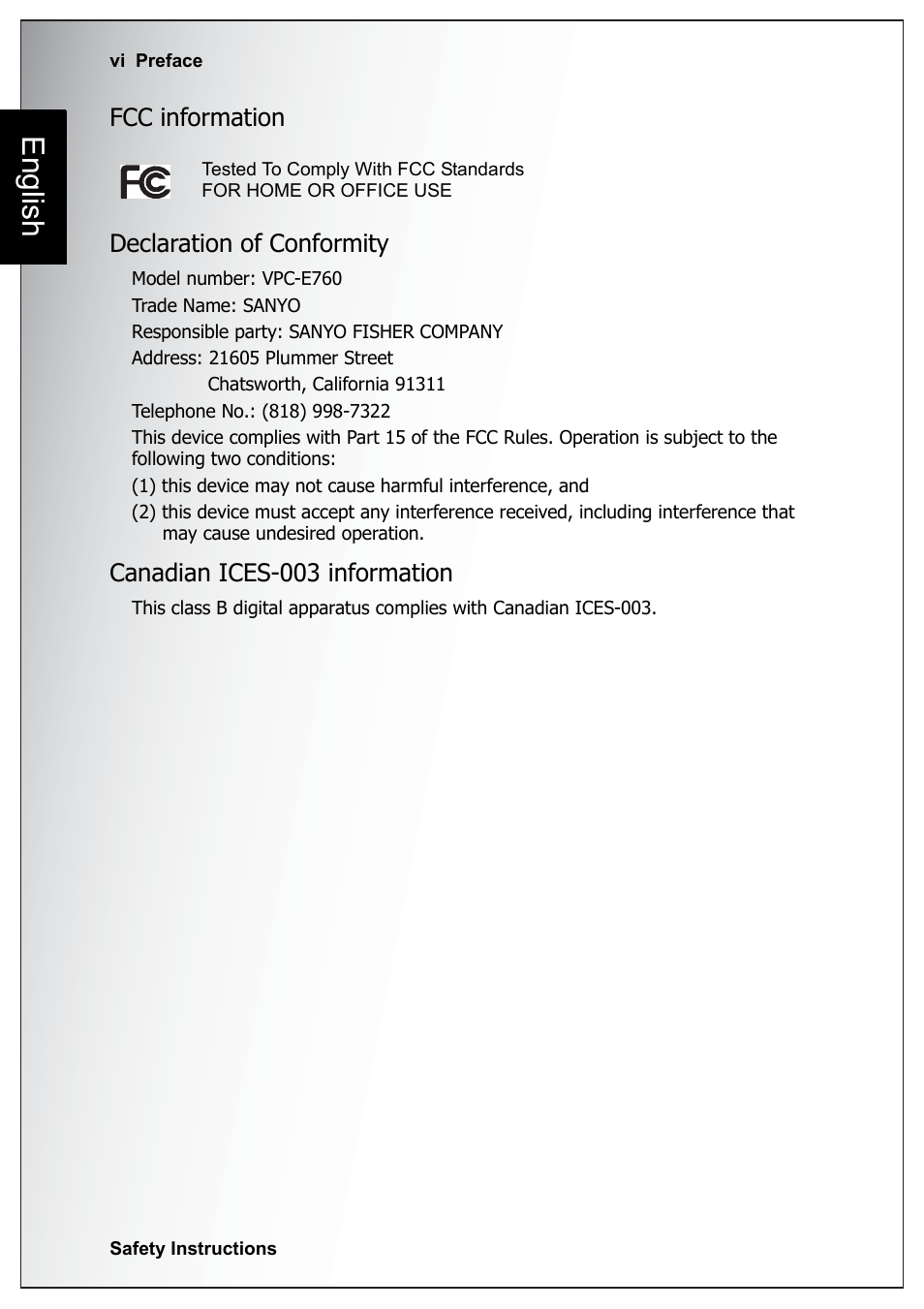 Fcc information, Declaration of conformity, Canadian ices-003 information | English, Fcc information declaration of conformity | Sanyo Xacti VPC-E760 User Manual | Page 12 / 62