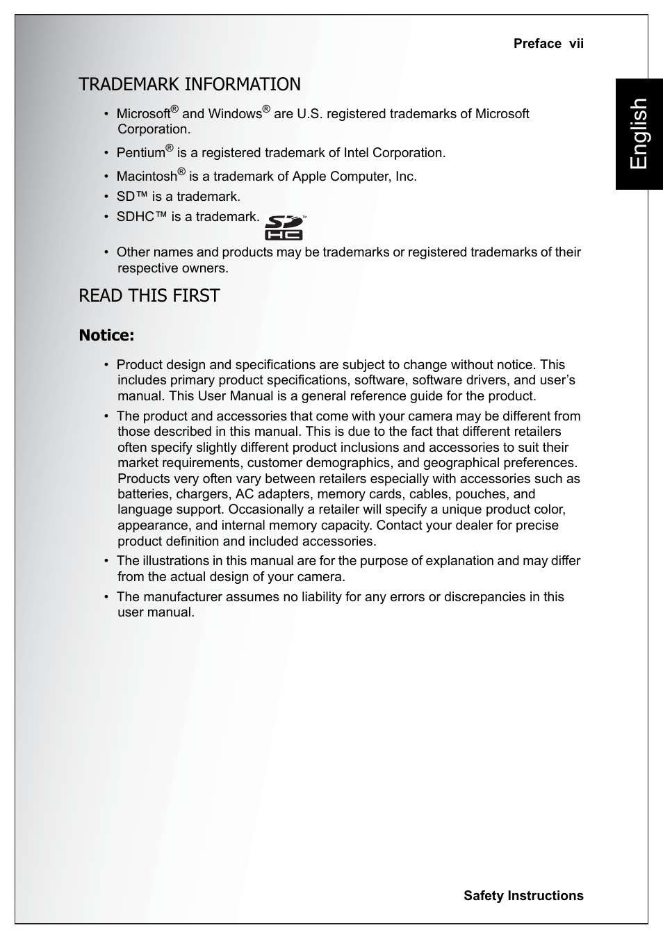 Trademark information, Read this first, English | Sanyo Xacti VPC-E760 User Manual | Page 13 / 62