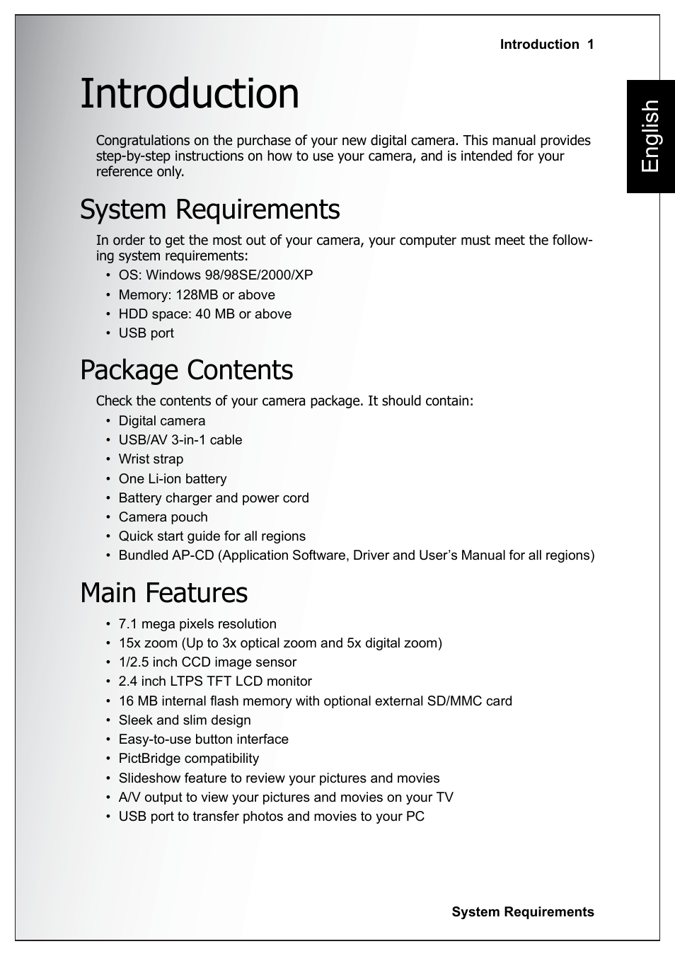 Introduction, System requirements, Package contents | Main features, System requirements package contents main features, English | Sanyo Xacti VPC-E760 User Manual | Page 15 / 62