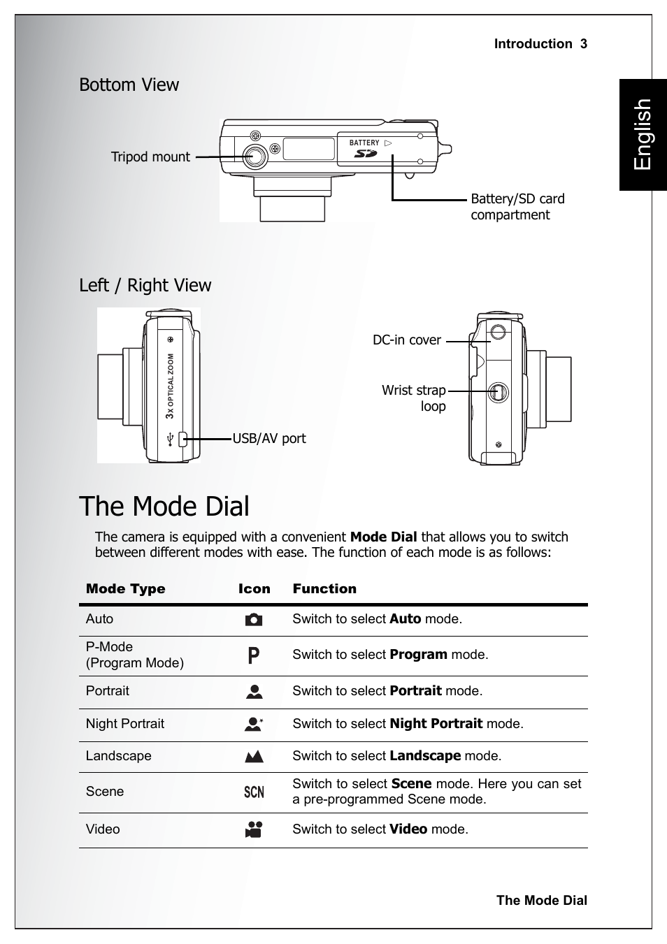 Bottom view, Left / right view, The mode dial | Bottom view left / right view, English | Sanyo Xacti VPC-E760 User Manual | Page 17 / 62