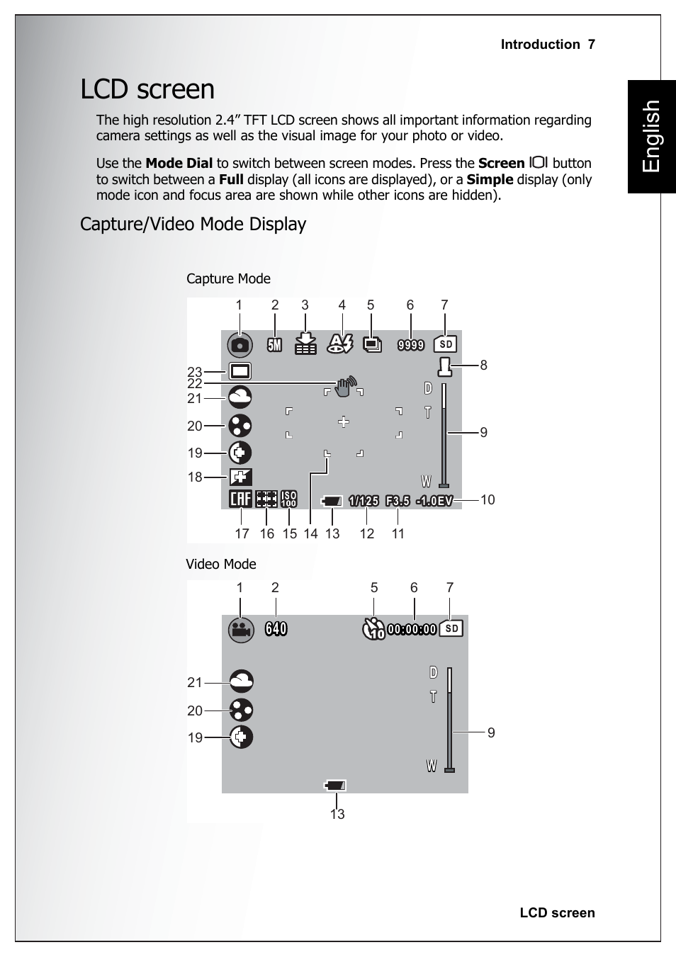 Lcd screen, Capture/video mode display, English | Sanyo Xacti VPC-E760 User Manual | Page 21 / 62