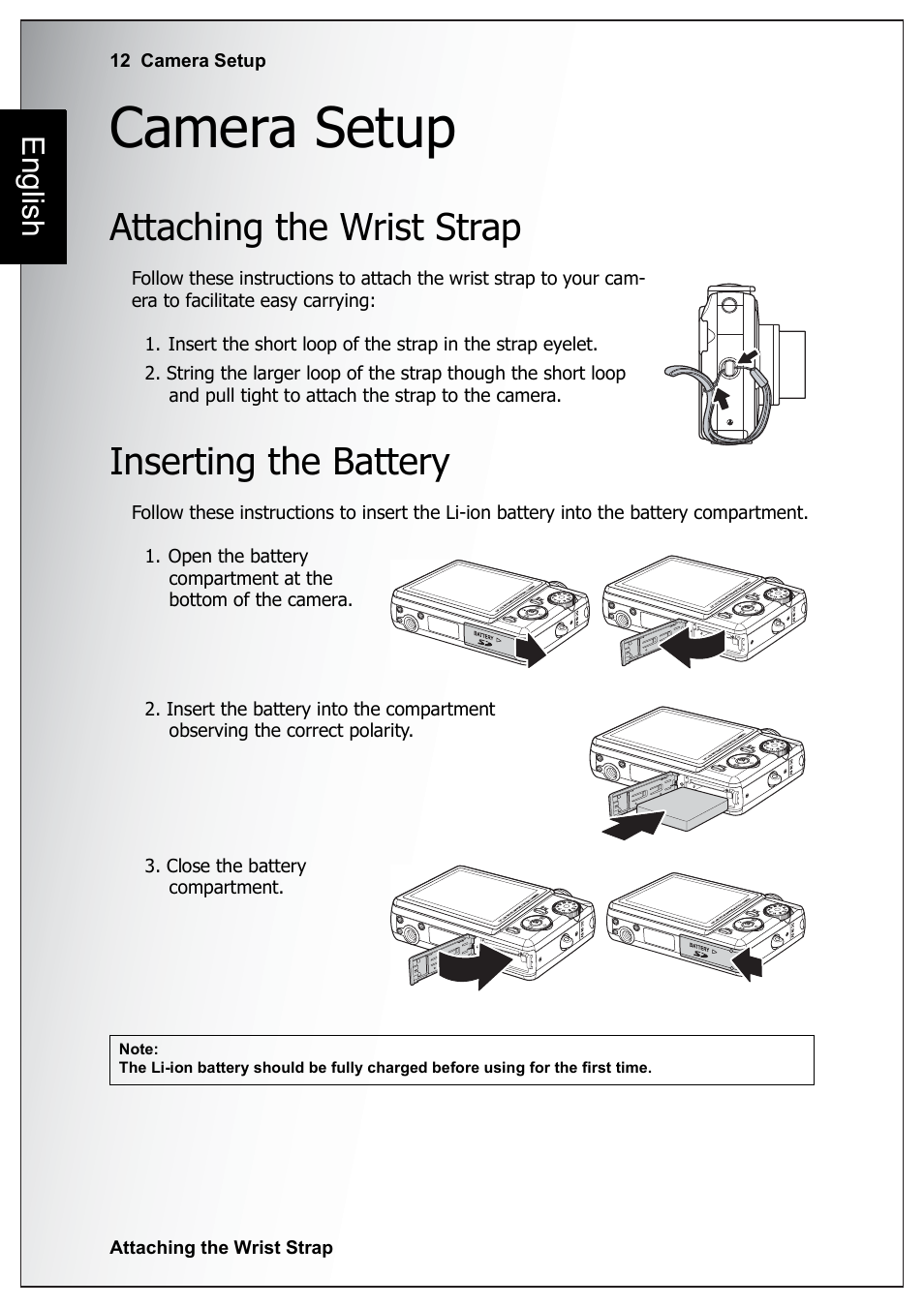 Camera setup, Attaching the wrist strap, Inserting the battery | Attaching the wrist strap inserting the battery, English | Sanyo Xacti VPC-E760 User Manual | Page 26 / 62