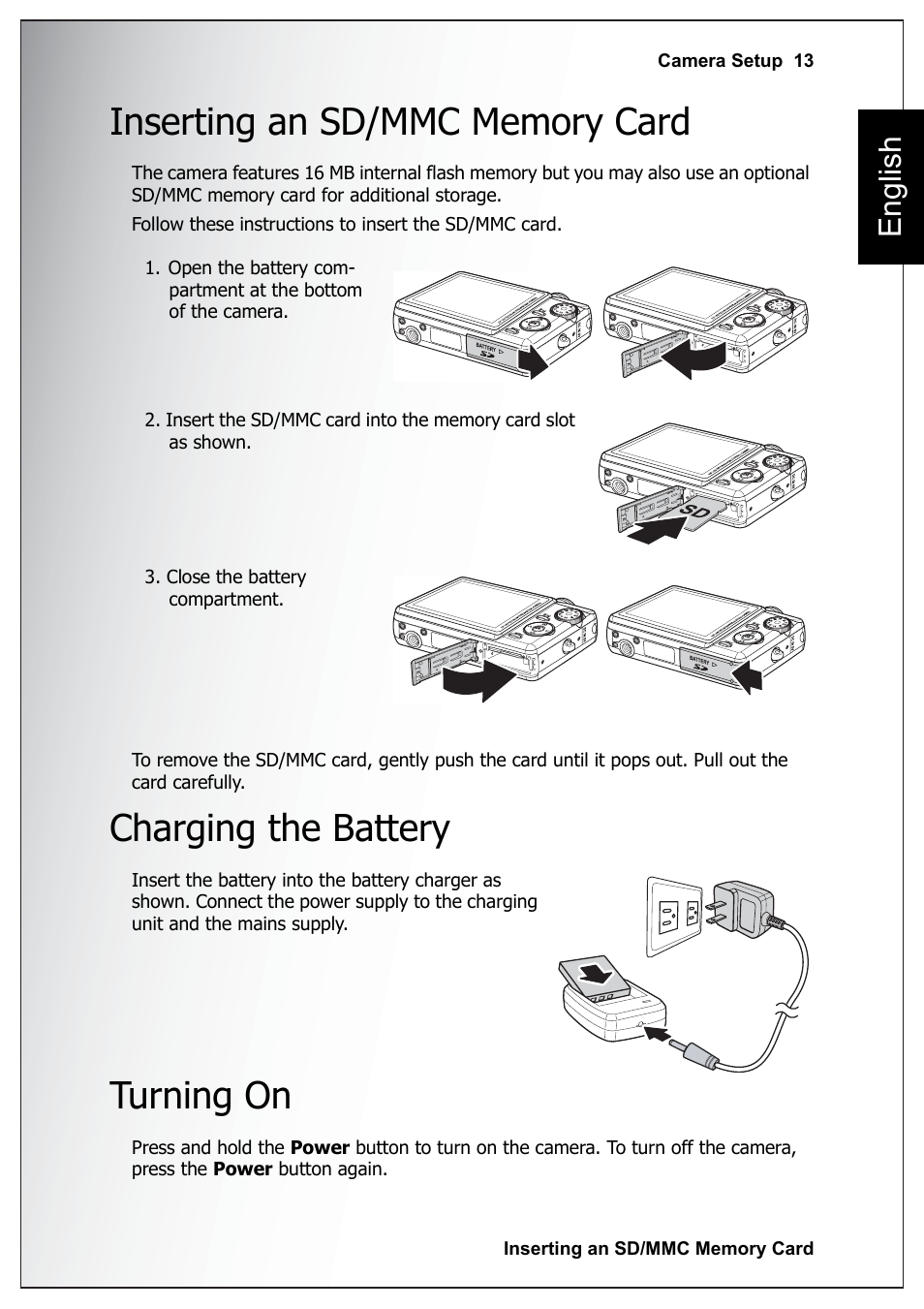 Inserting an sd/mmc memory card, Charging the battery, Turning on | English | Sanyo Xacti VPC-E760 User Manual | Page 27 / 62