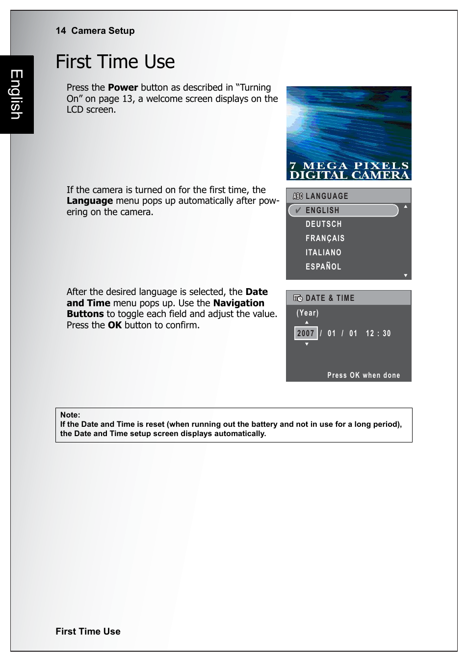 First time use, English | Sanyo Xacti VPC-E760 User Manual | Page 28 / 62