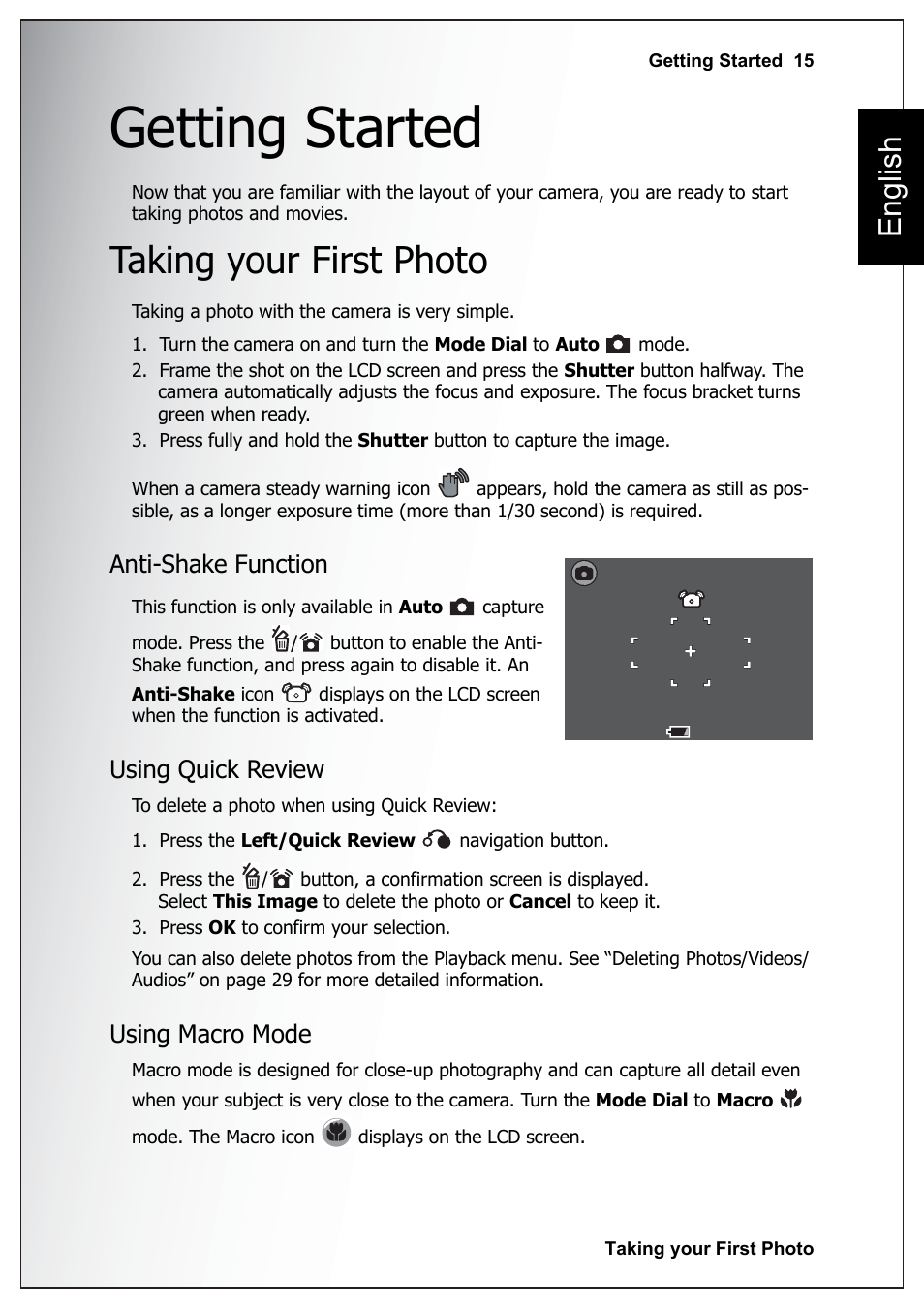 Getting started, Taking your first photo, Anti-shake function | Using quick review, Using macro mode, English | Sanyo Xacti VPC-E760 User Manual | Page 29 / 62