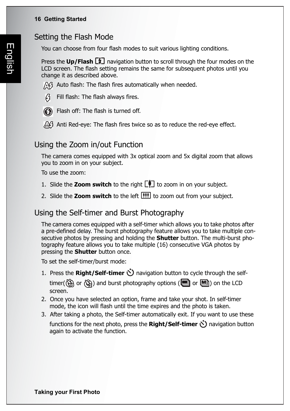 Setting the flash mode, Using the zoom in/out function, Using the self-timer and burst photography | English | Sanyo Xacti VPC-E760 User Manual | Page 30 / 62