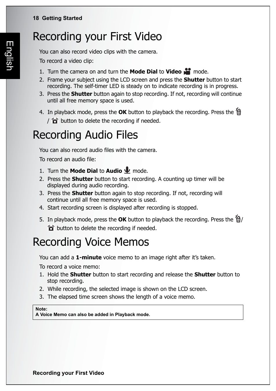 Recording your first video, Recording audio files, Recording voice memos | English | Sanyo Xacti VPC-E760 User Manual | Page 32 / 62