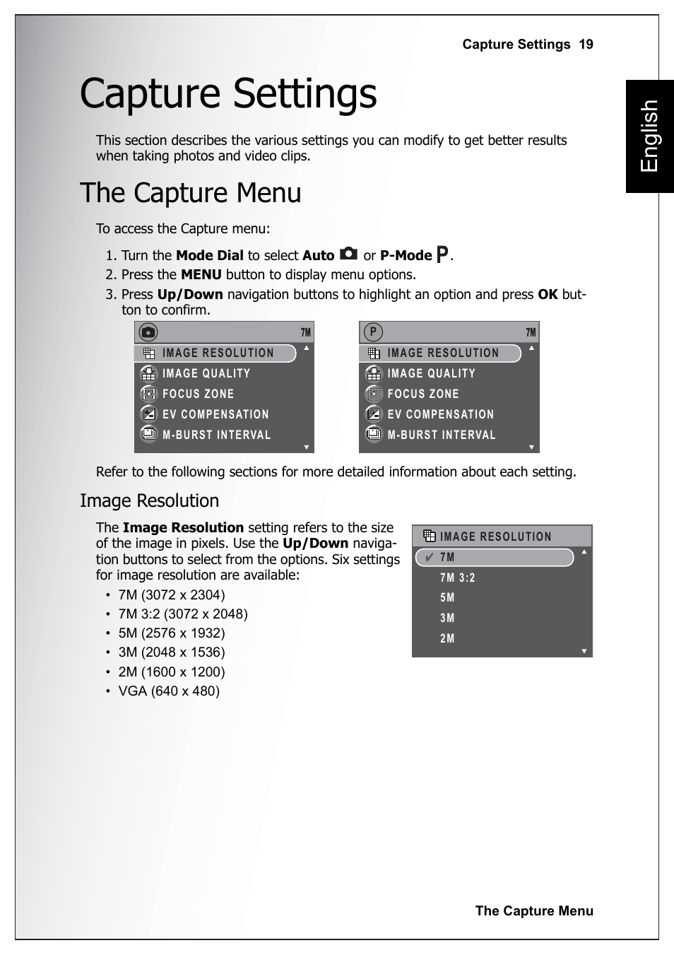 Capture settings, The capture menu, Image resolution | English | Sanyo Xacti VPC-E760 User Manual | Page 33 / 62