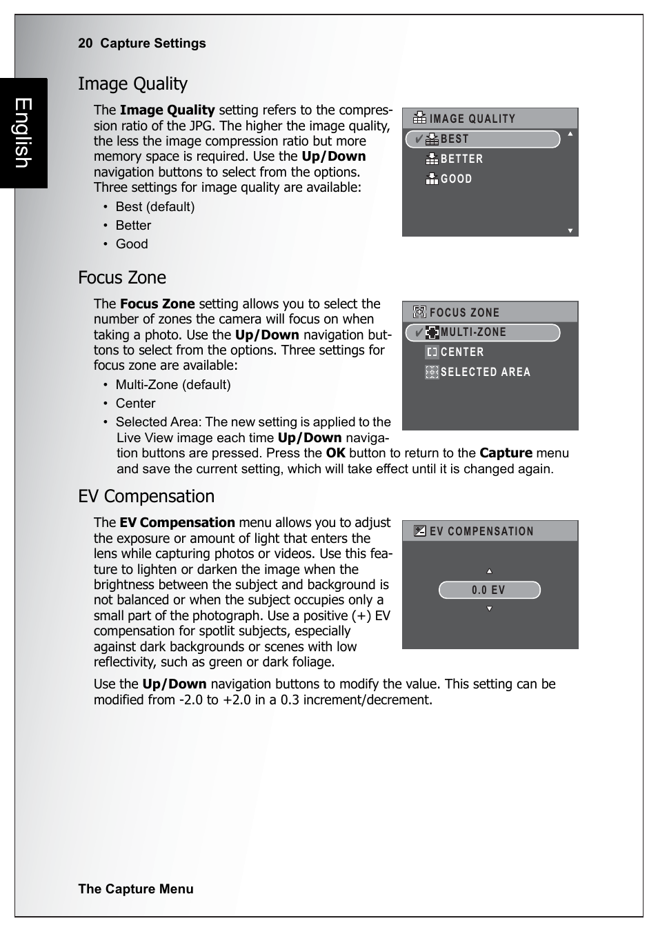 Image quality, Focus zone, Ev compensation | Image quality focus zone ev compensation, English | Sanyo Xacti VPC-E760 User Manual | Page 34 / 62