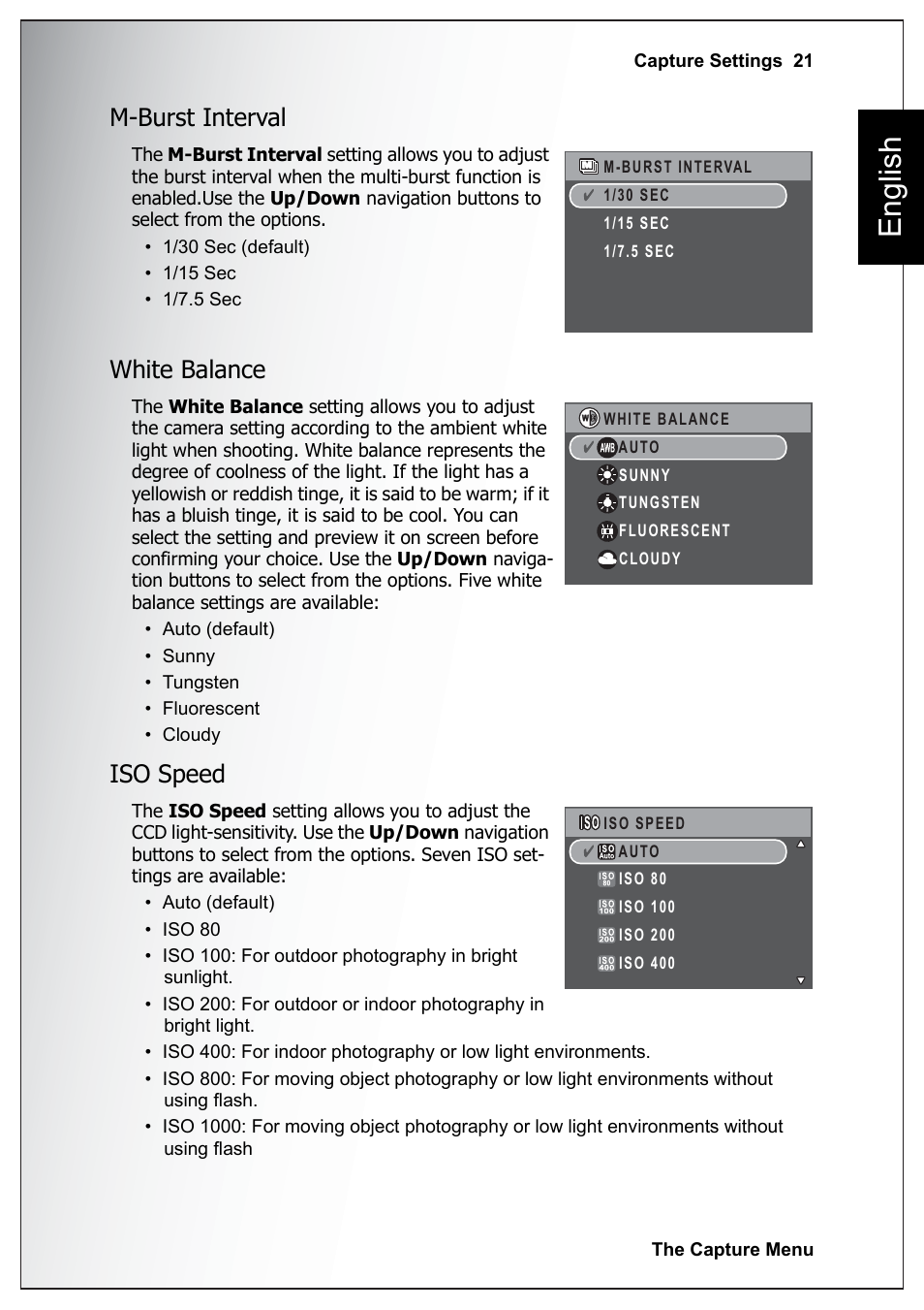 M-burst interval, White balance, Iso speed | M-burst interval white balance iso speed, English | Sanyo Xacti VPC-E760 User Manual | Page 35 / 62