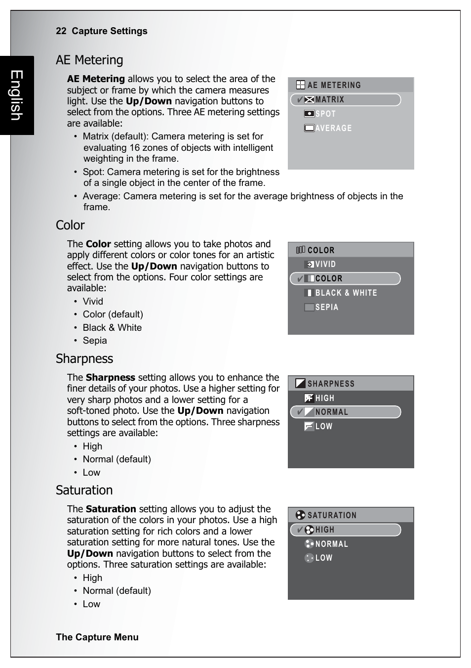 Ae metering, Color, Sharpness | Saturation, Ae metering color sharpness saturation, English | Sanyo Xacti VPC-E760 User Manual | Page 36 / 62