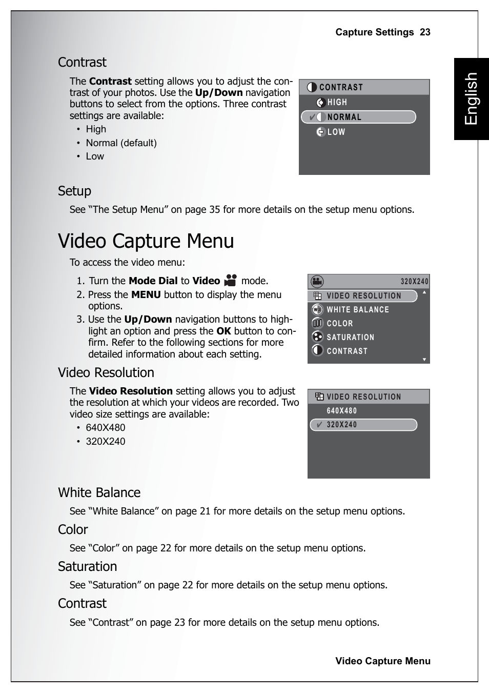 Contrast, Setup, Video capture menu | Video resolution, White balance, Color, Saturation, Contrast setup, English | Sanyo Xacti VPC-E760 User Manual | Page 37 / 62