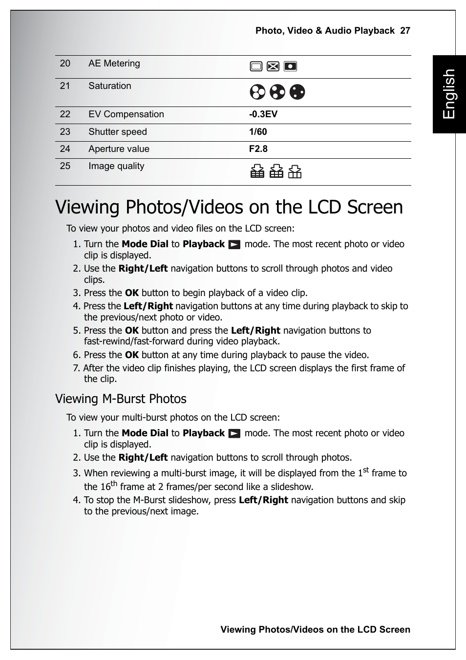 Viewing photos/videos on the lcd screen, Viewing m-burst photos, English | Sanyo Xacti VPC-E760 User Manual | Page 41 / 62