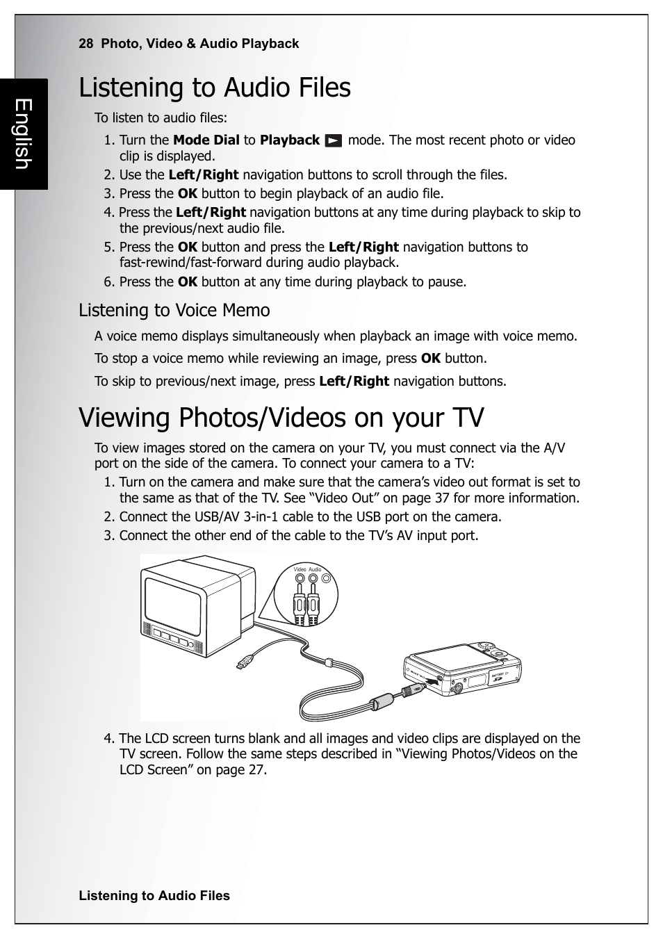 Listening to audio files, Listening to voice memo, Viewing photos/videos on your tv | English | Sanyo Xacti VPC-E760 User Manual | Page 42 / 62