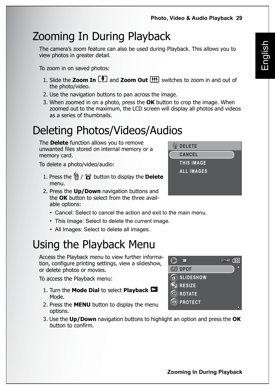 Zooming in during playback, Deleting photos/videos/audios, Using the playback menu | English | Sanyo Xacti VPC-E760 User Manual | Page 43 / 62