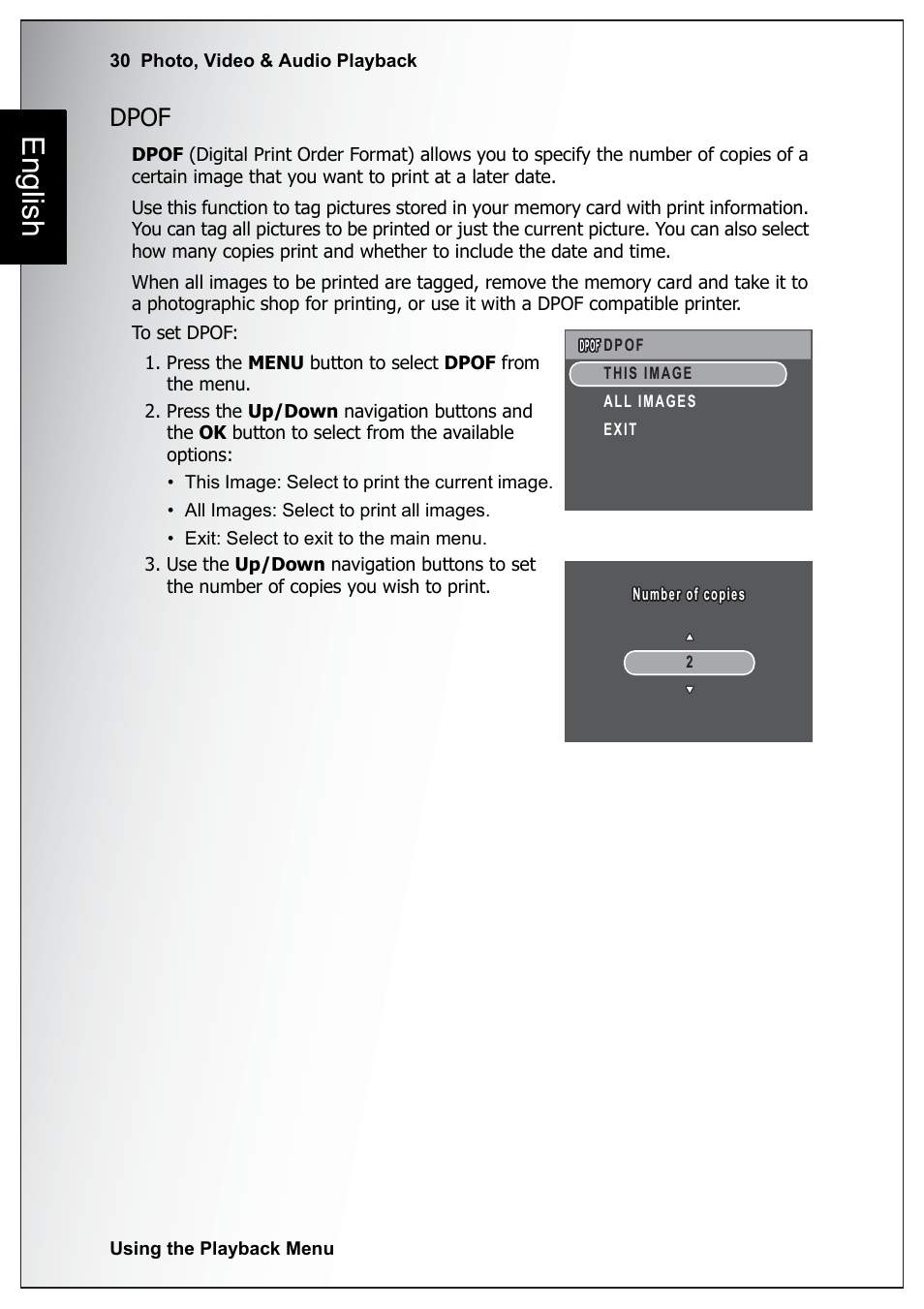 Dpof, English | Sanyo Xacti VPC-E760 User Manual | Page 44 / 62