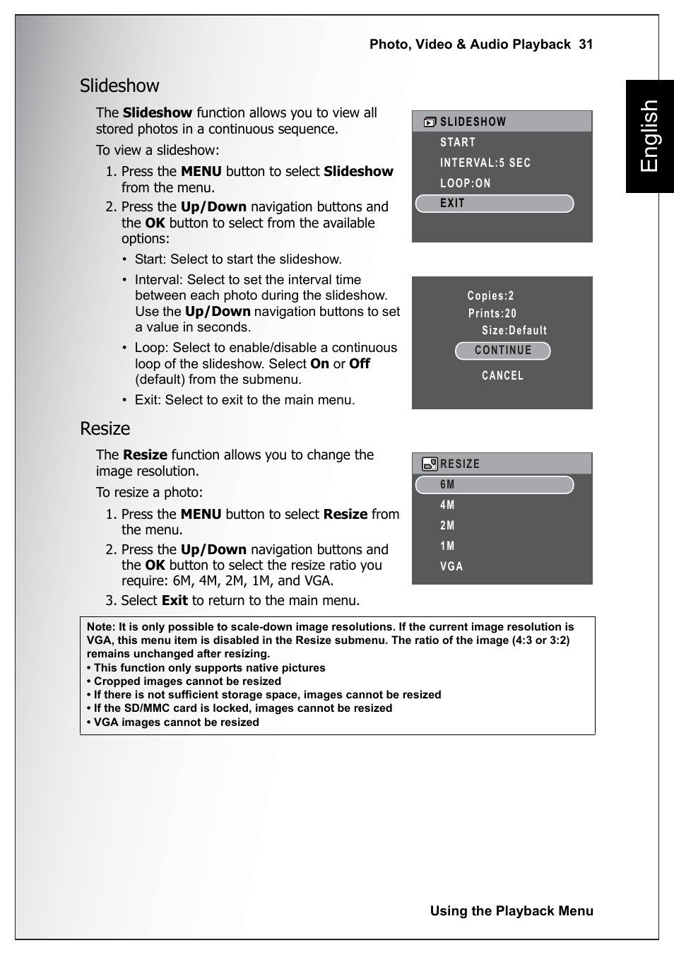 Slideshow, Resize, Slideshow resize | English | Sanyo Xacti VPC-E760 User Manual | Page 45 / 62