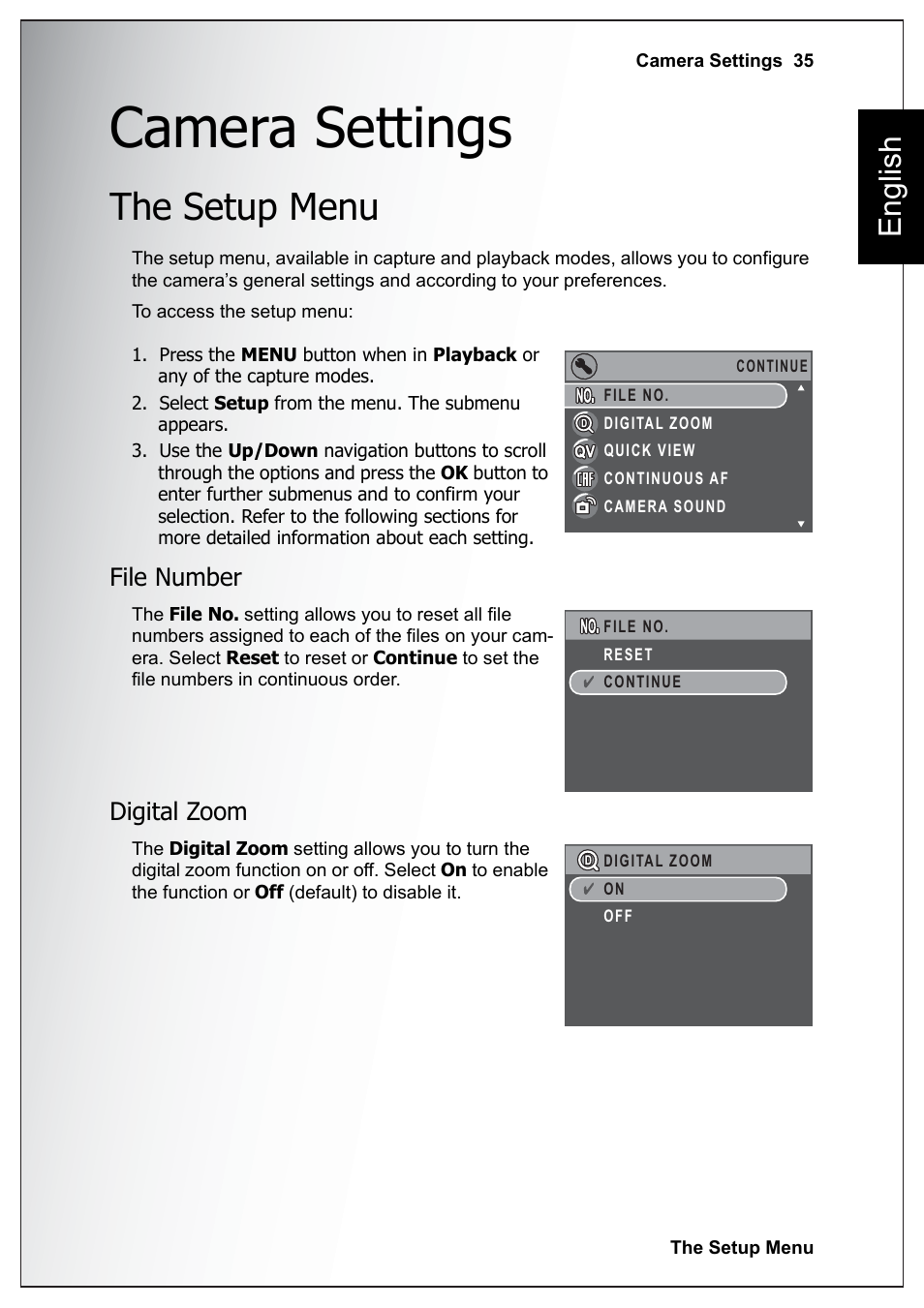 Camera settings, The setup menu, File number | Digital zoom, File number digital zoom, English | Sanyo Xacti VPC-E760 User Manual | Page 49 / 62