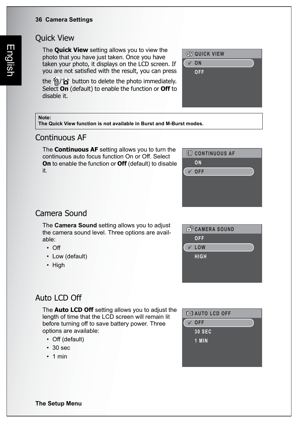 Quick view, Continuous af, Camera sound | Auto lcd off, Quick view continuous af camera sound auto lcd off, English | Sanyo Xacti VPC-E760 User Manual | Page 50 / 62