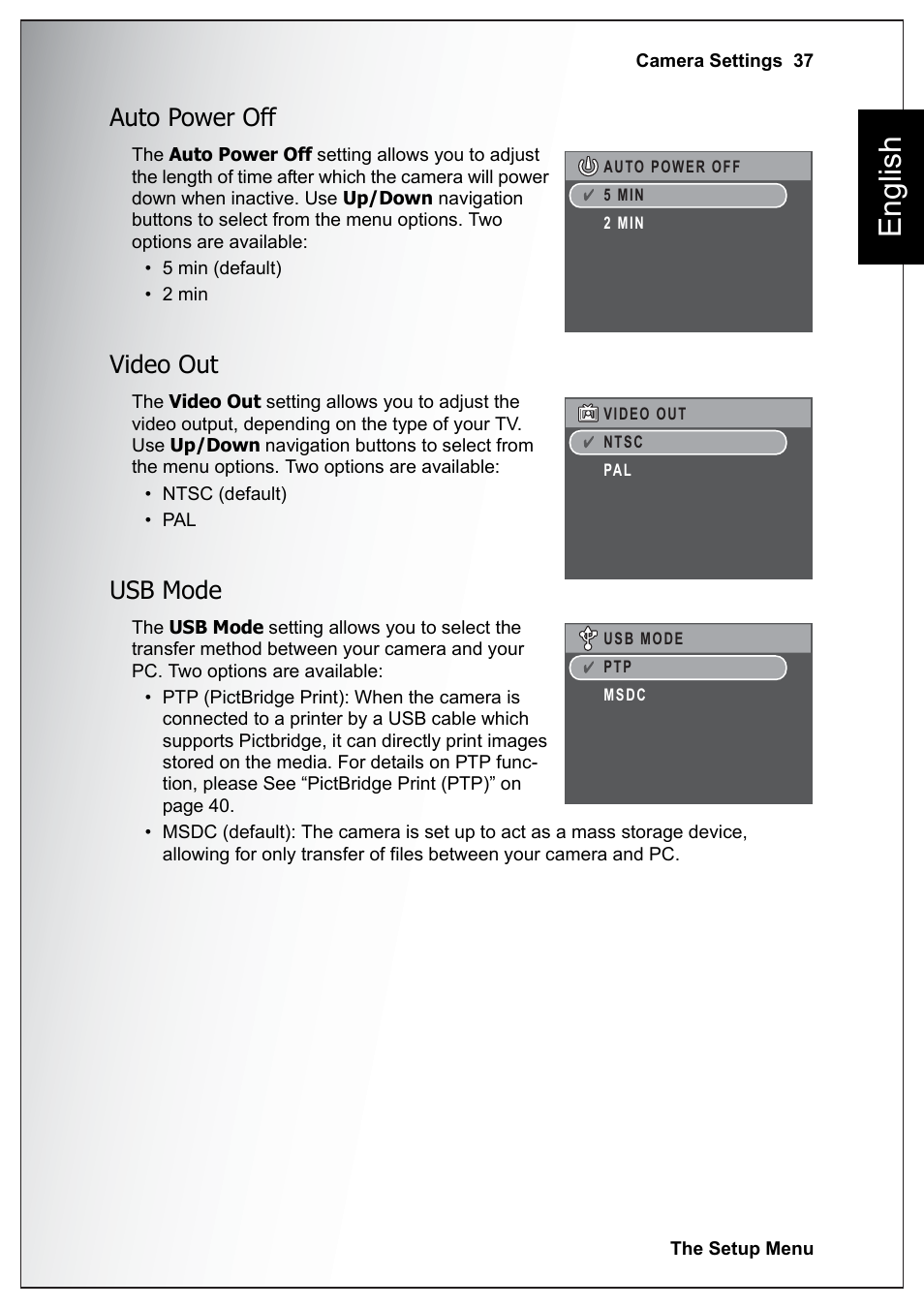 Auto power off, Video out, Usb mode | Auto power off video out usb mode, English | Sanyo Xacti VPC-E760 User Manual | Page 51 / 62